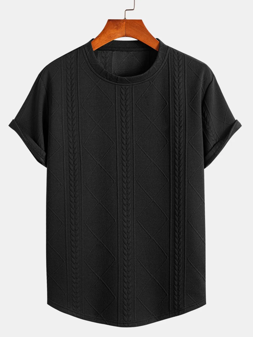 Short Sleeve Geometric Jacquard Arc Hem T-Shirt