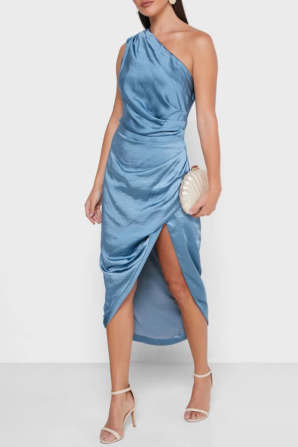 High Slit One Shoulder Satin Cocktail Party Dress - Dusty Blue