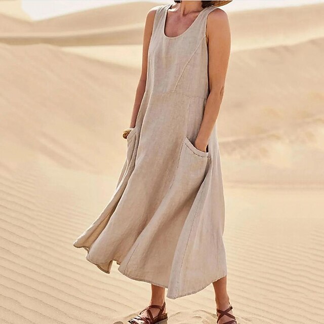 Women‘s Casual Dress Cotton Dress Shift Dress Midi Dress Blue Pink Khaki Sleeveless Pure Color Pocket Spring Summer Crew Neck Basic Daily Vacation Weekend Loose Fit 2023 S M L XL XXL
