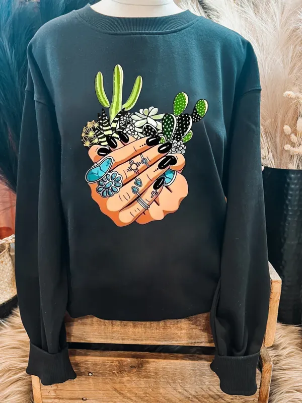 Wild West Cactus Pattern Printed Casual Round Neck Sweatshirt