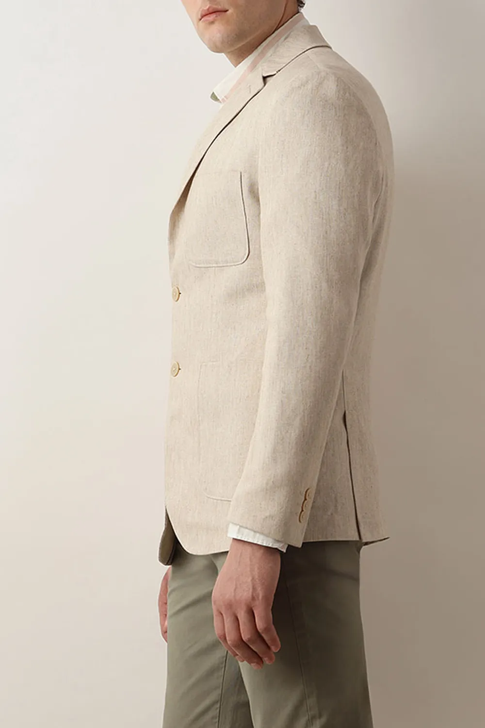 Beige Textured Linen Casual Blazer