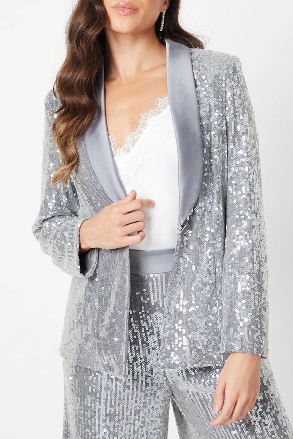 Petite Clear Sequin Single Breasted Blazer