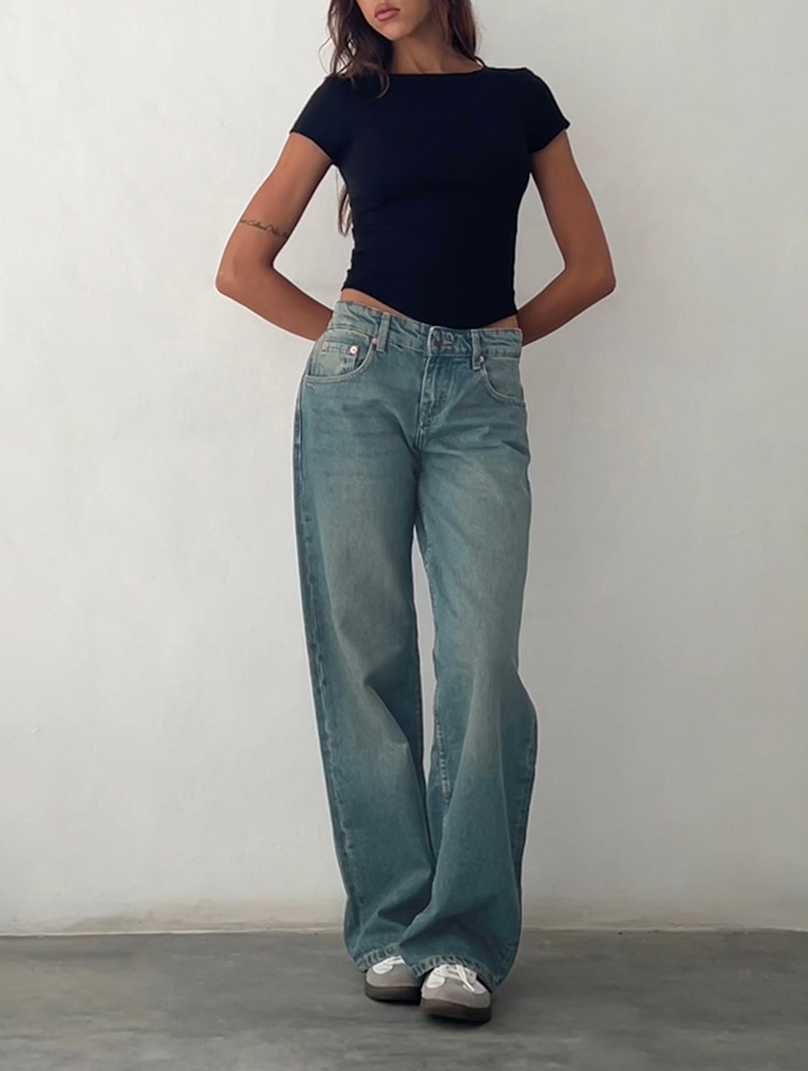 Vintage Blue Green Low Rise Parallel Jeans