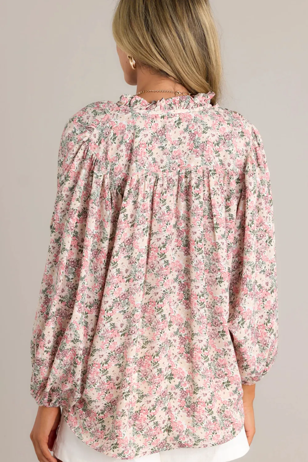 PERFECT HARMONY PINK FLORAL BISHOP SLEEVE TOP