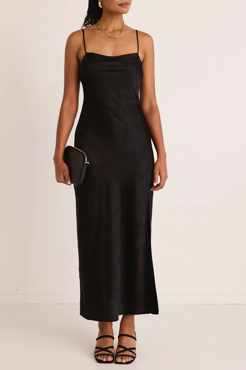 Showstopper Black Jacquard Satin Strappy Bias Midi Dress