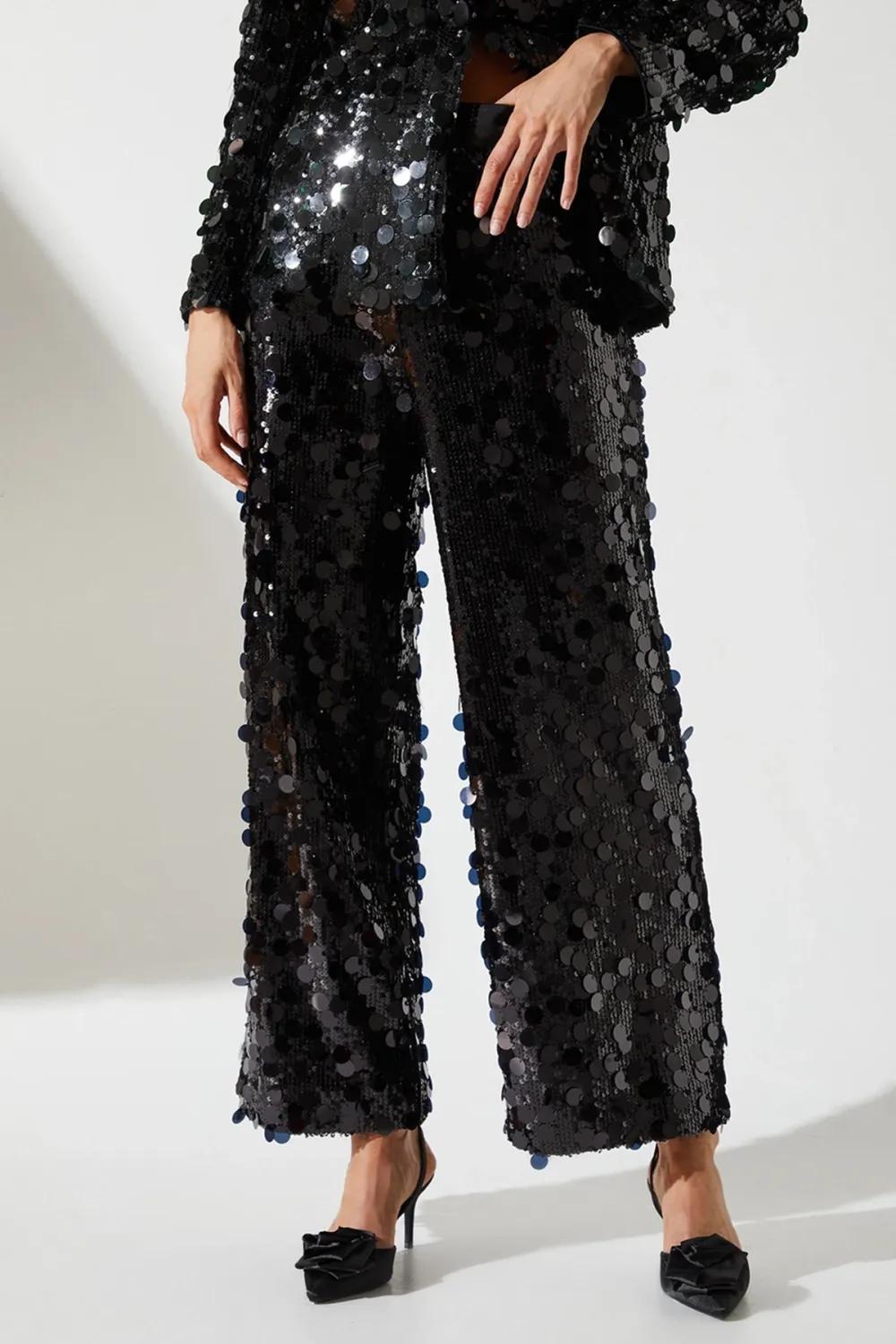 Petite Disc Sequin Satin Trim Trouser