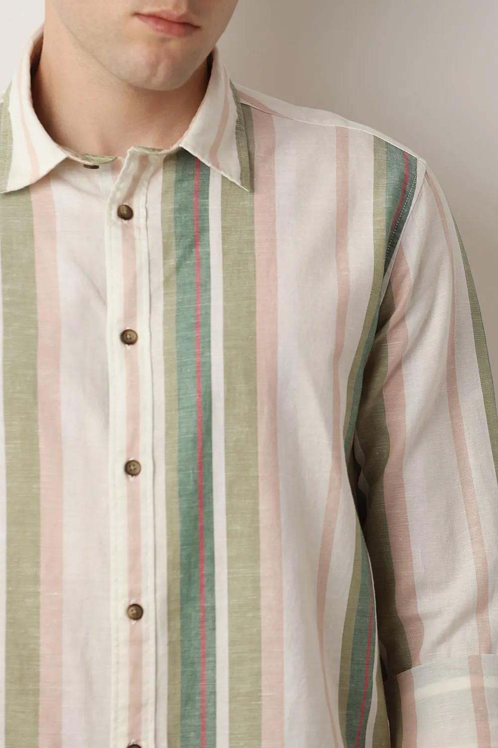 Beige Striped Linen Full Sleeves Shirt