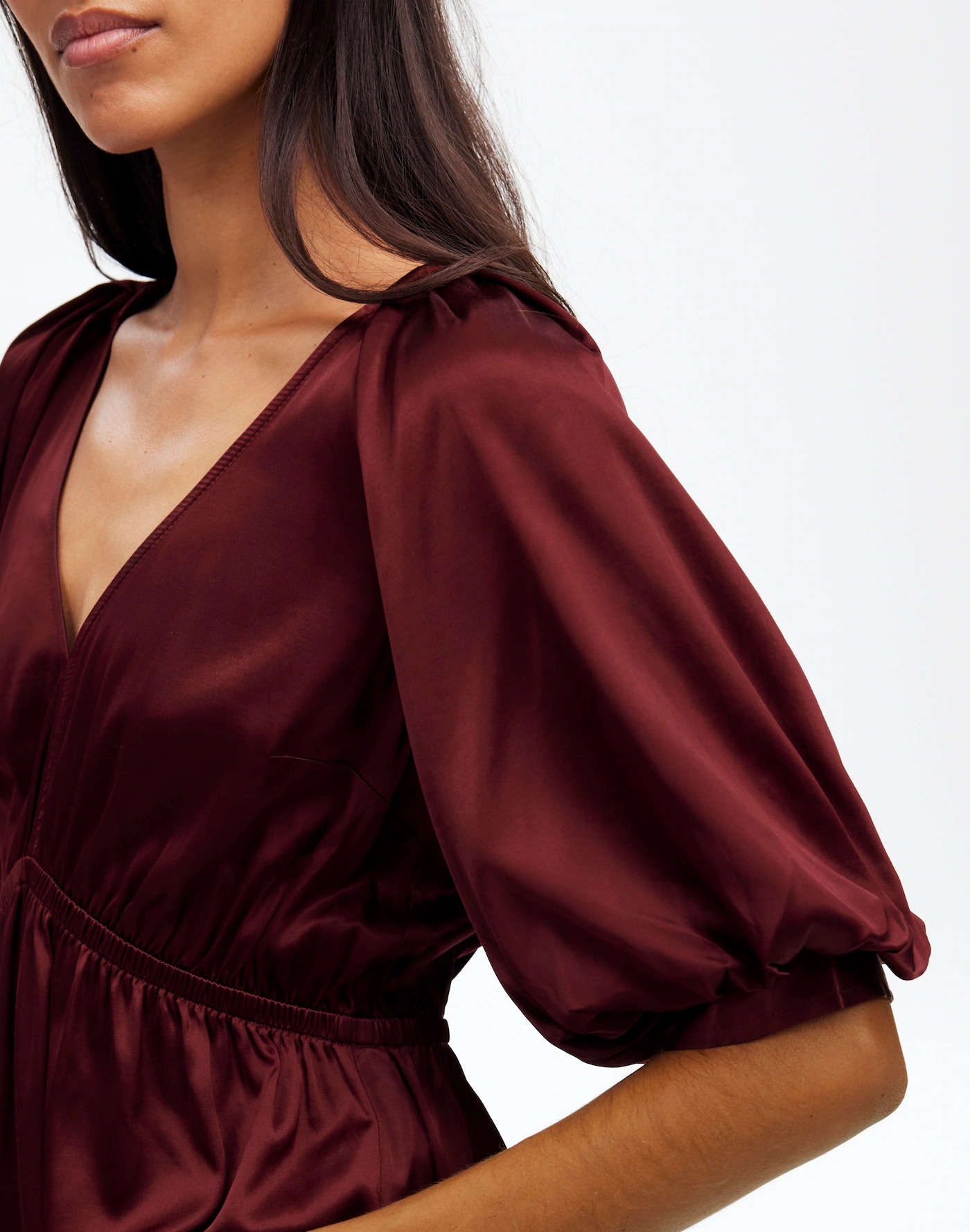 Shirred Puff-Sleeve Top in Satin