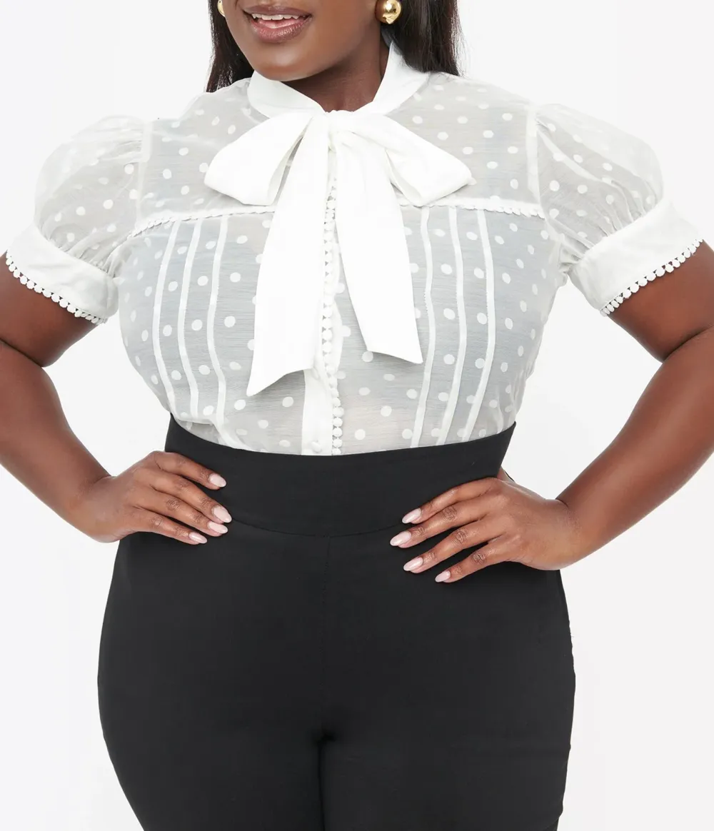 Unique Vintage Plus Size 1940s White Dot Tie Neck Blouse