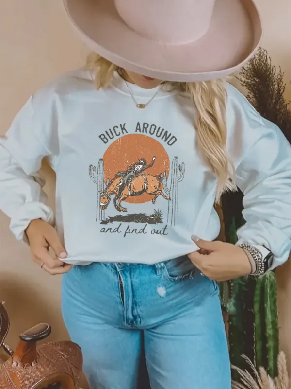 Wild West, Cowboy Knight Printed Round Neck Sweatshirt