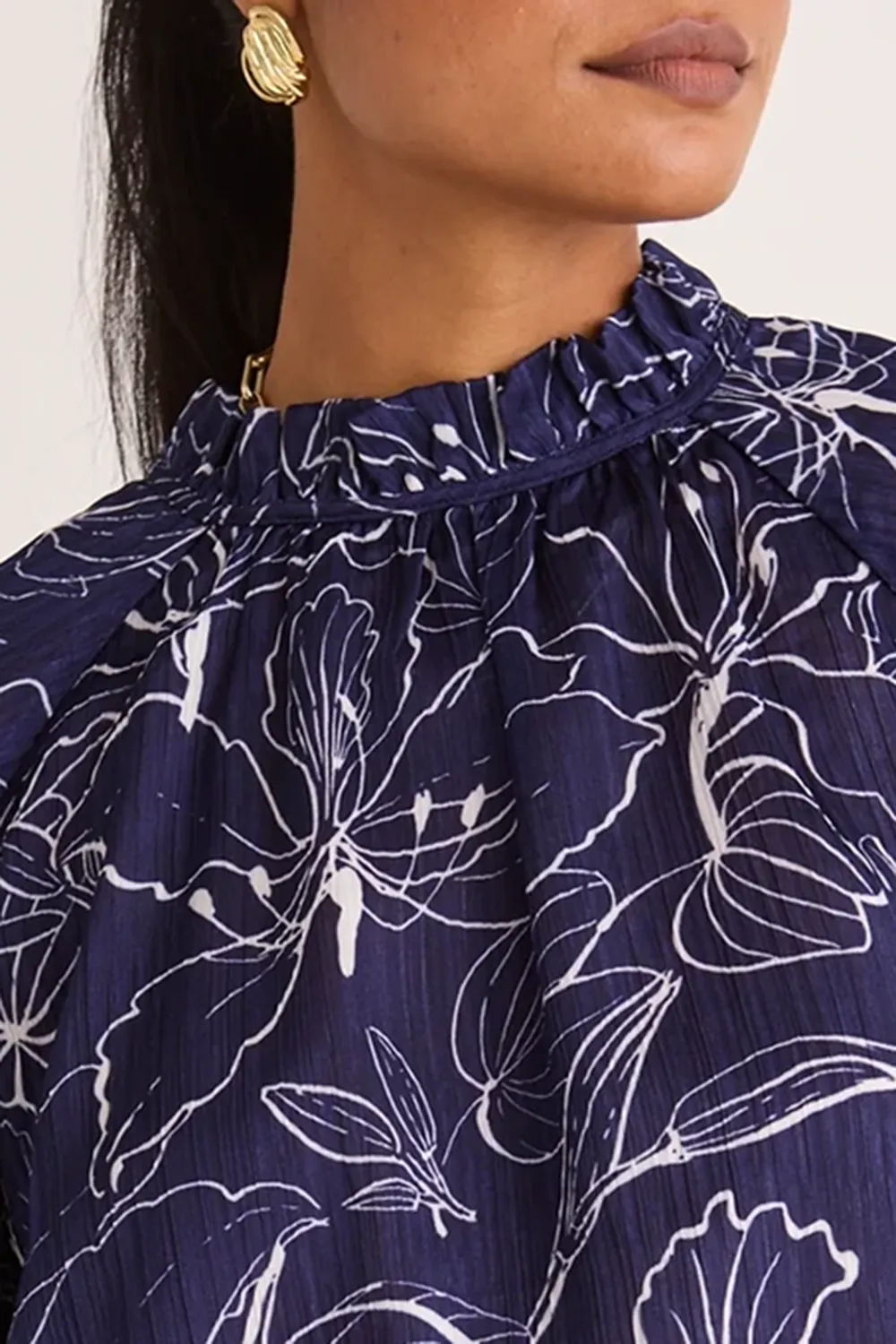 Together Blue Hibiscus LS Frill Neck Top