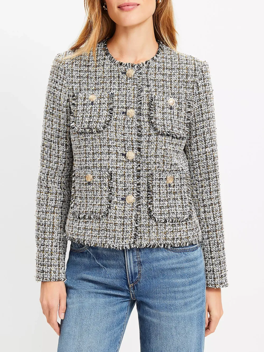 Metallic Fringe Tweed Collarless Jacket