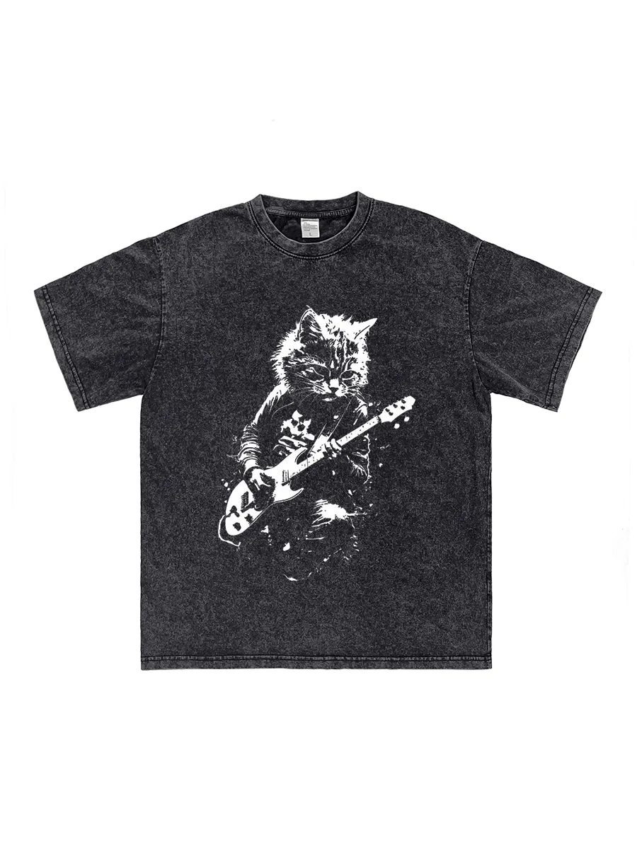 Distressed cat playing guitar punk rock retro T-shirt