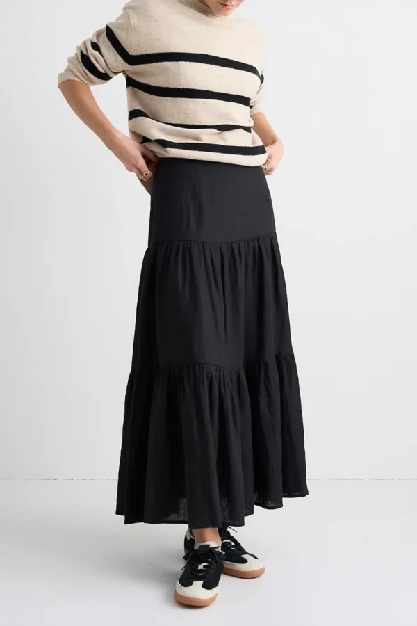 Blazing Black Tiered Linen Midi Skirt