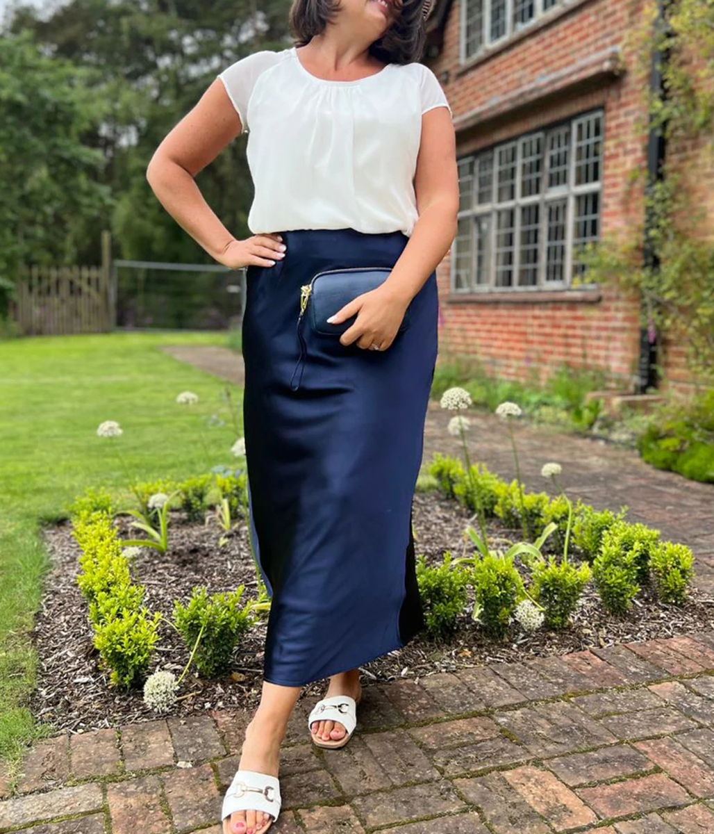 Navy Satin Maxi Skirt