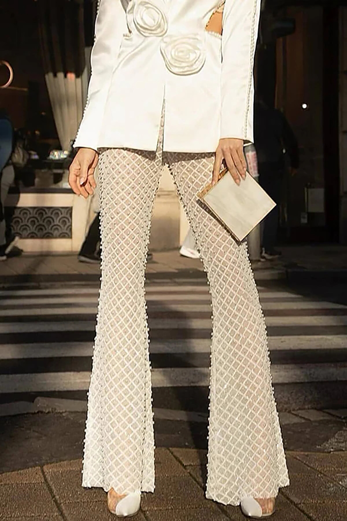 Sexy Faux Pearl High Waist Flared Leg Sheer Mesh Sequin Party Pants