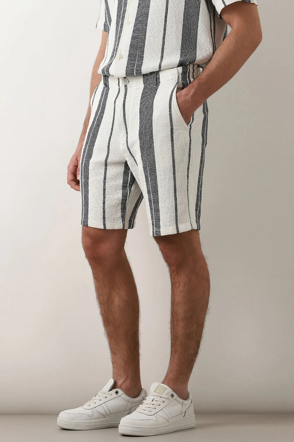 Beige Striped Co-ord Set Shorts