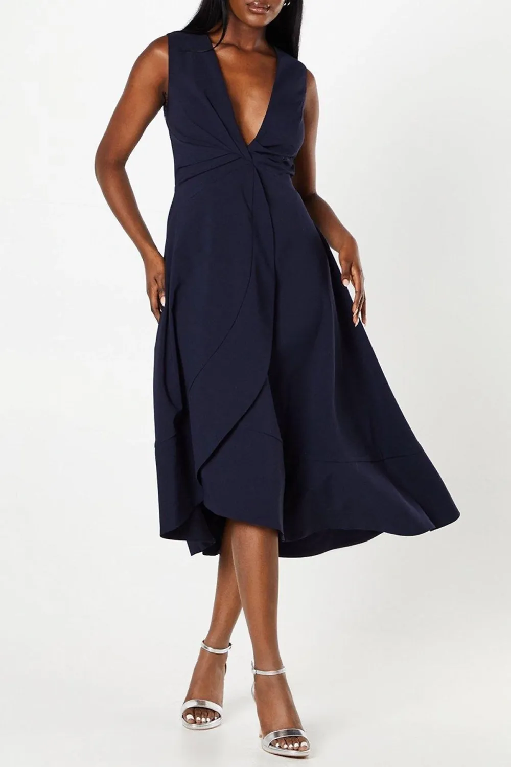 Twist Front Wrap Skirt Crepe Midi Dress