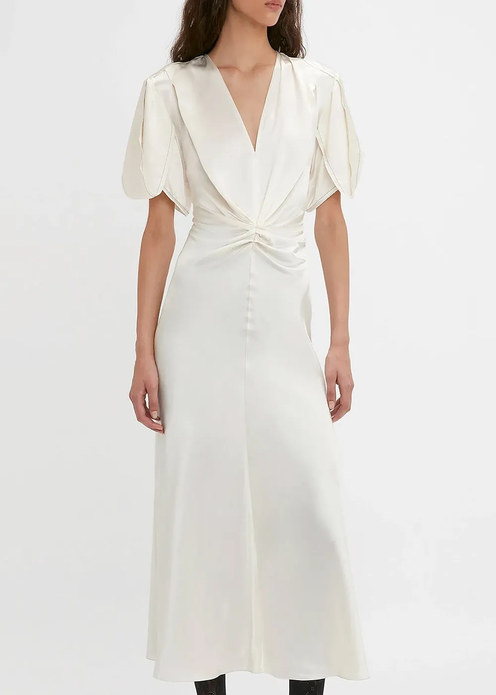 Ivory Gathered V Neck Midi Dress