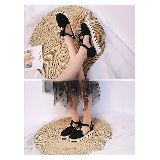 Women's Sandals Platform Sandals Plus Size Outdoor Daily Walking Summer Tassel Platform Flat Heel Round Toe Closed Toe Vintage Casual Faux Leather Synthetics Buckle Solid Color Solid Colored Black