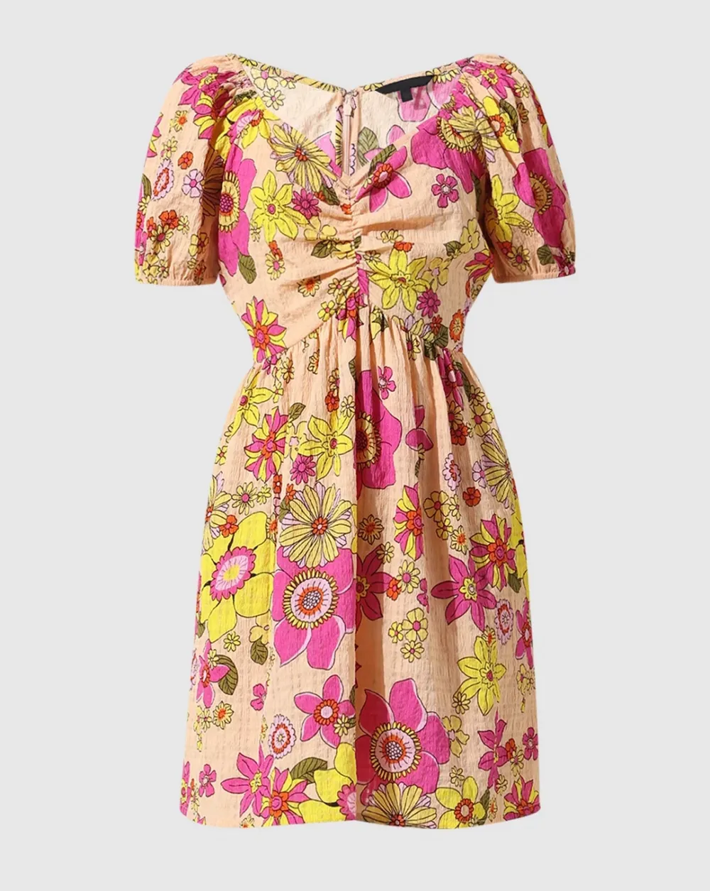 Peach Floral Print Puff Sleeves Dress