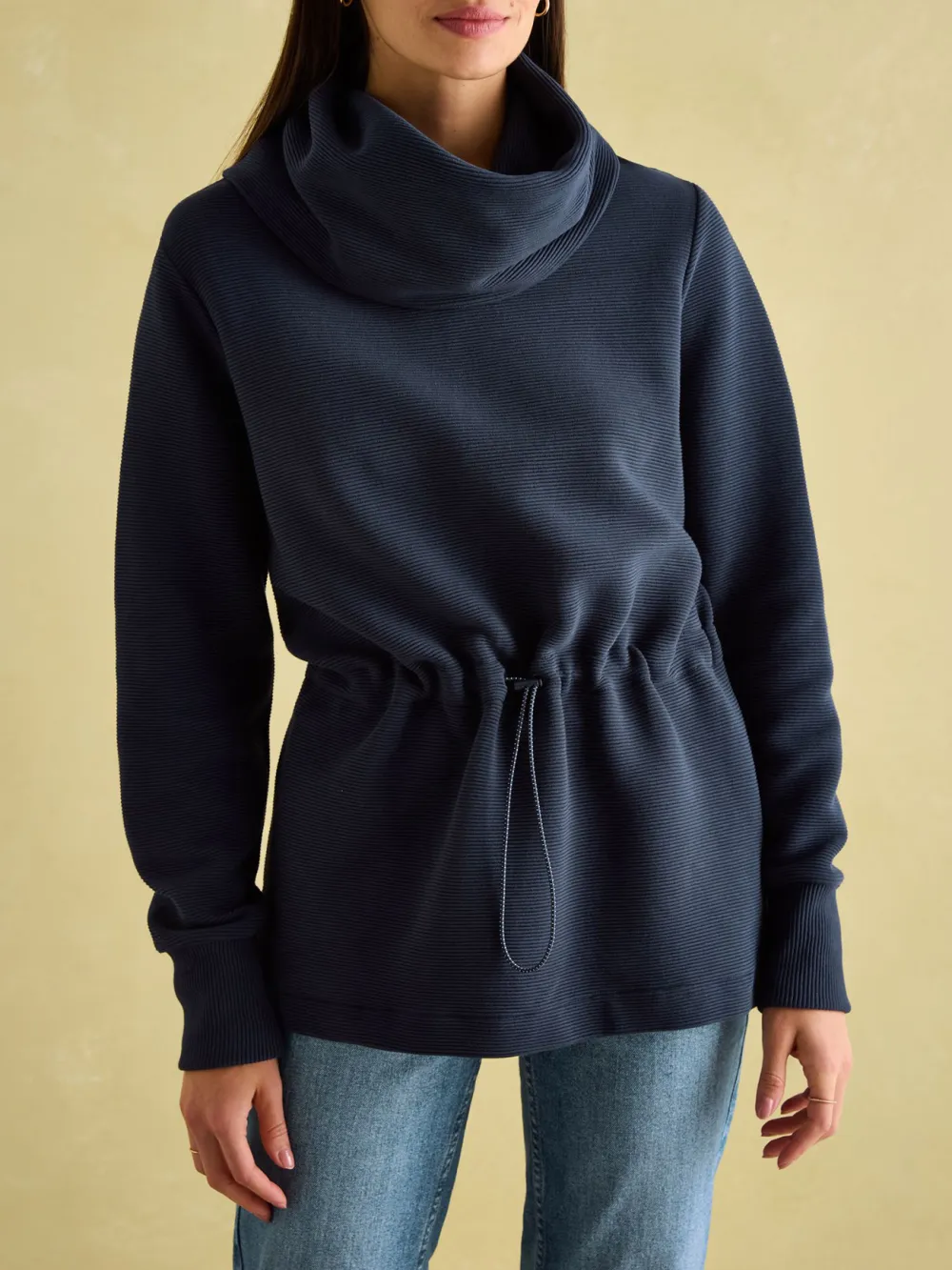 Adjustable Waist Willow Navy Cowl Neck Sweatshirt