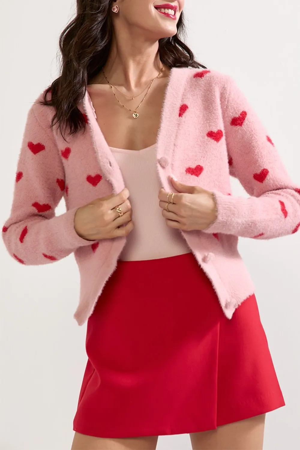 Lilly Fuzzy Heart Pattern Short Cardigan