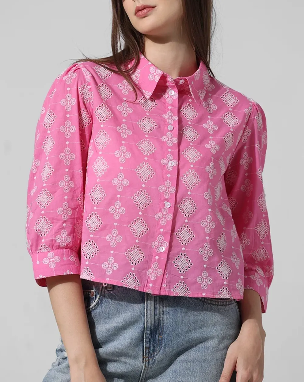 Pink Abstract Print Schiffli Shirt