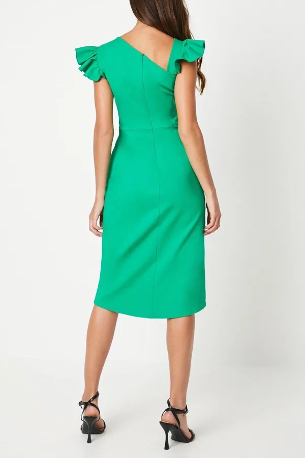 Frill Shoulder Asymmetrical Wrap Pencil Dress