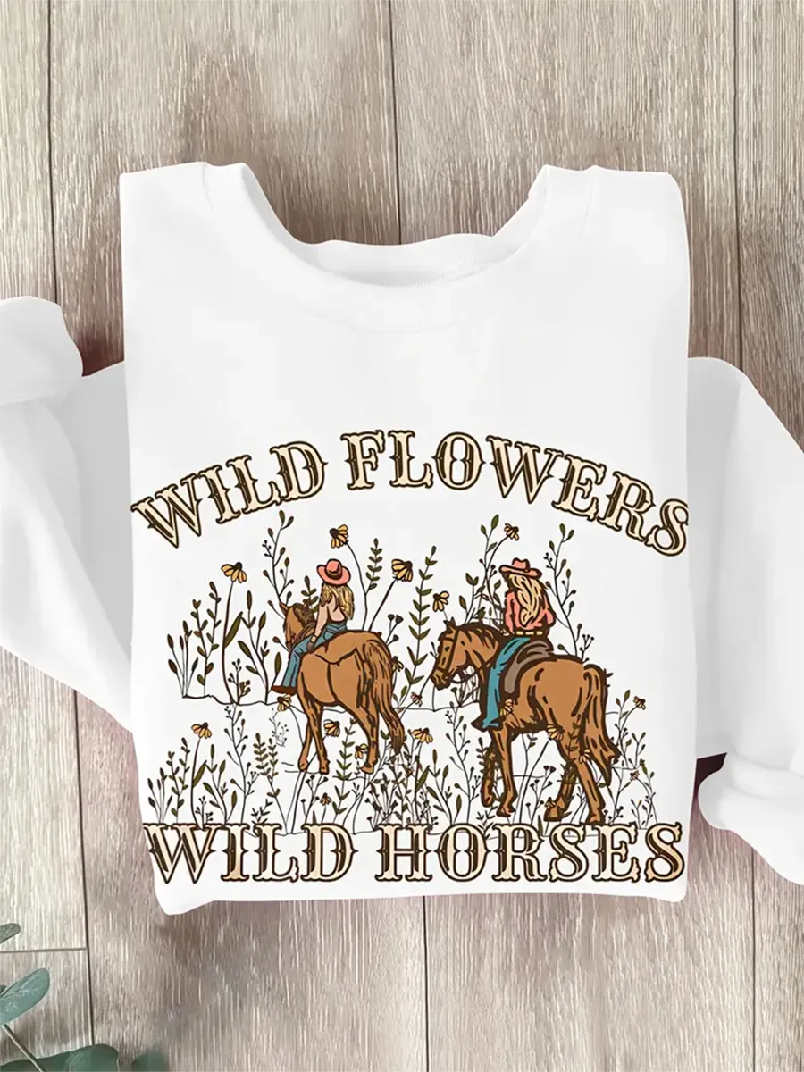 Wild West, Cowboy Knight and Flower Round Neck Sweatshirt