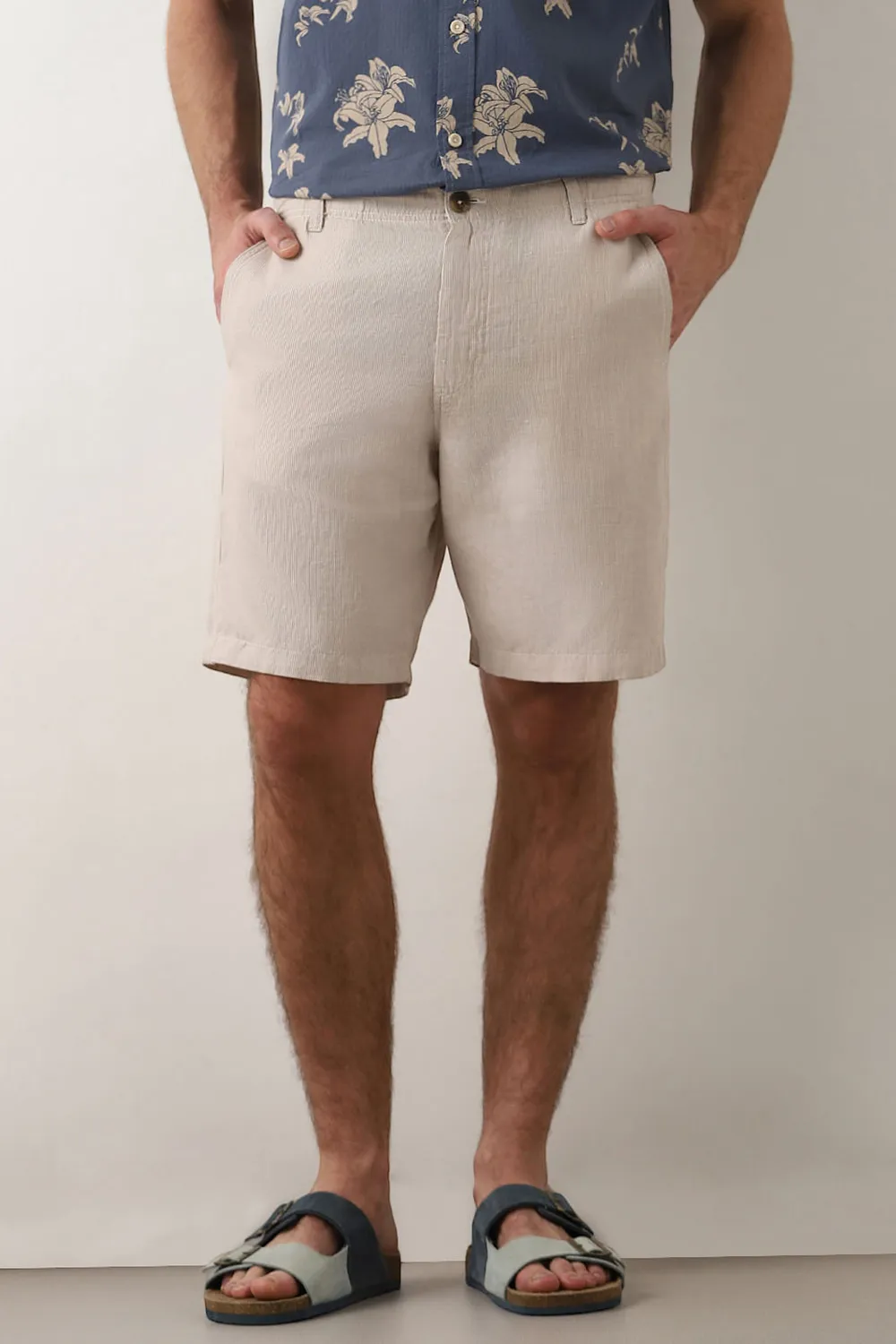 Beige Mi Rise Linen Shorts