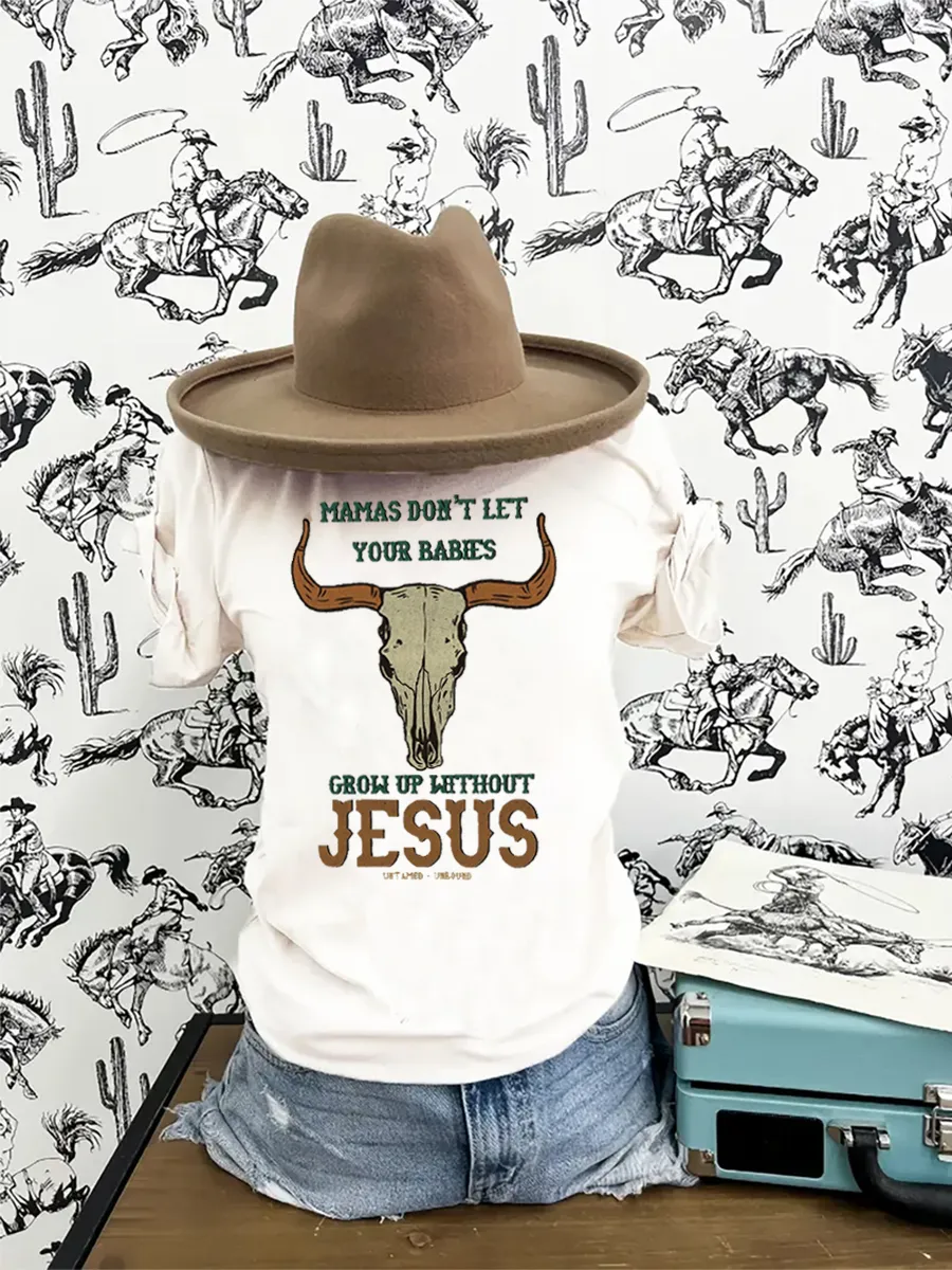 Wild West Bull Head Pattern Jesus Slogan T-shirt