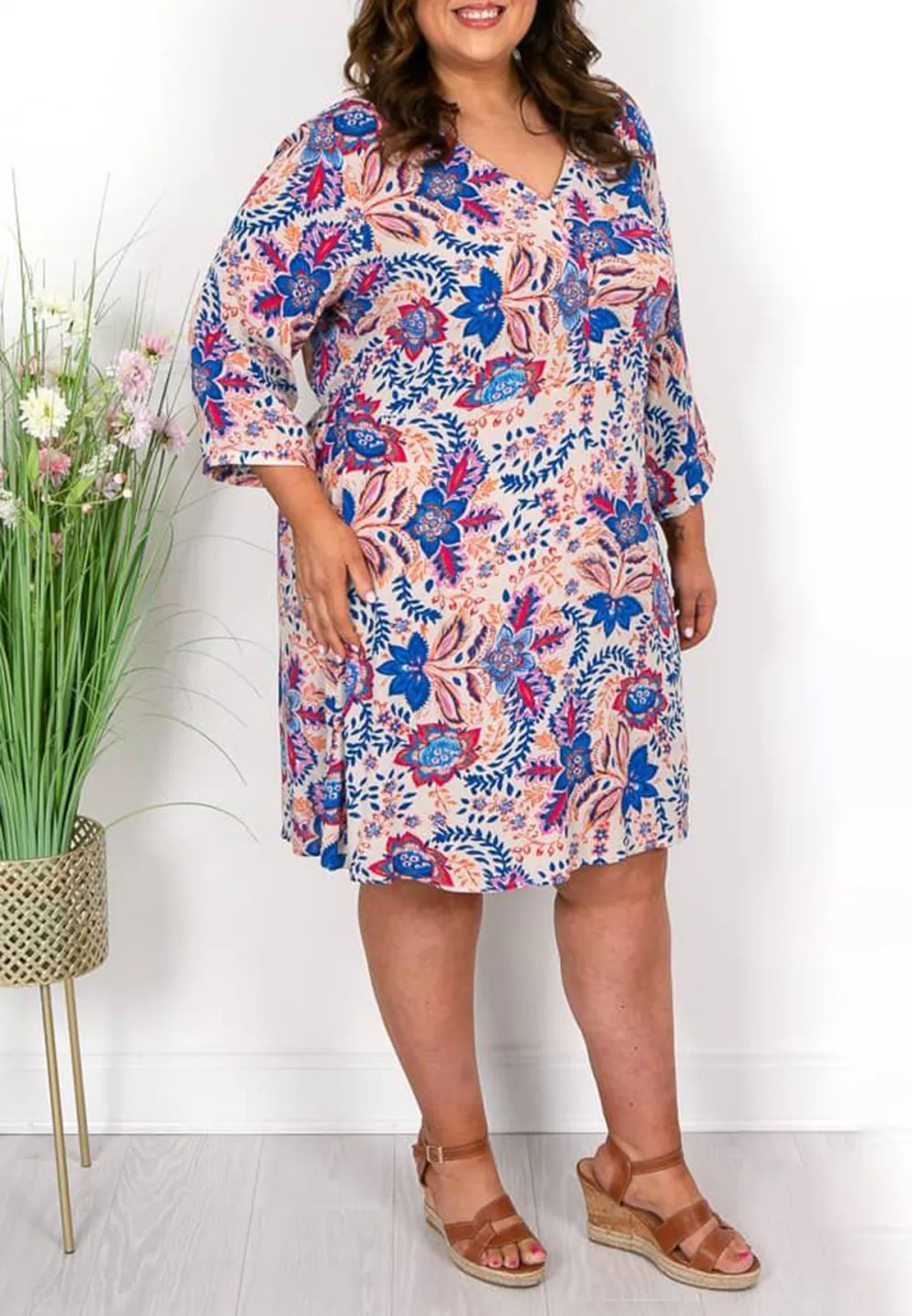 Ivory Blue and Pink Paisley Dress