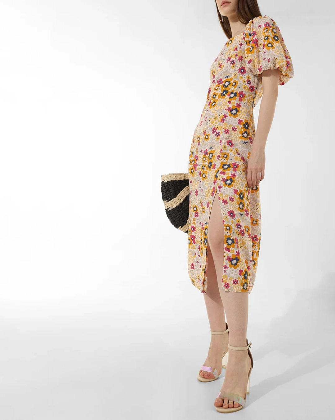 Yellow Floral Print Midi Dress