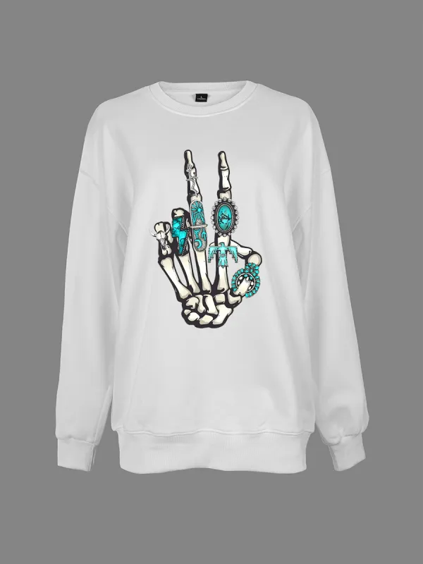 Wild West, Skeleton Palm Printed Round Neck Sweatshirt