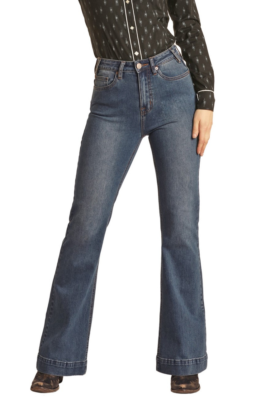 Simple women's mid-waist pocket line design details denim pants