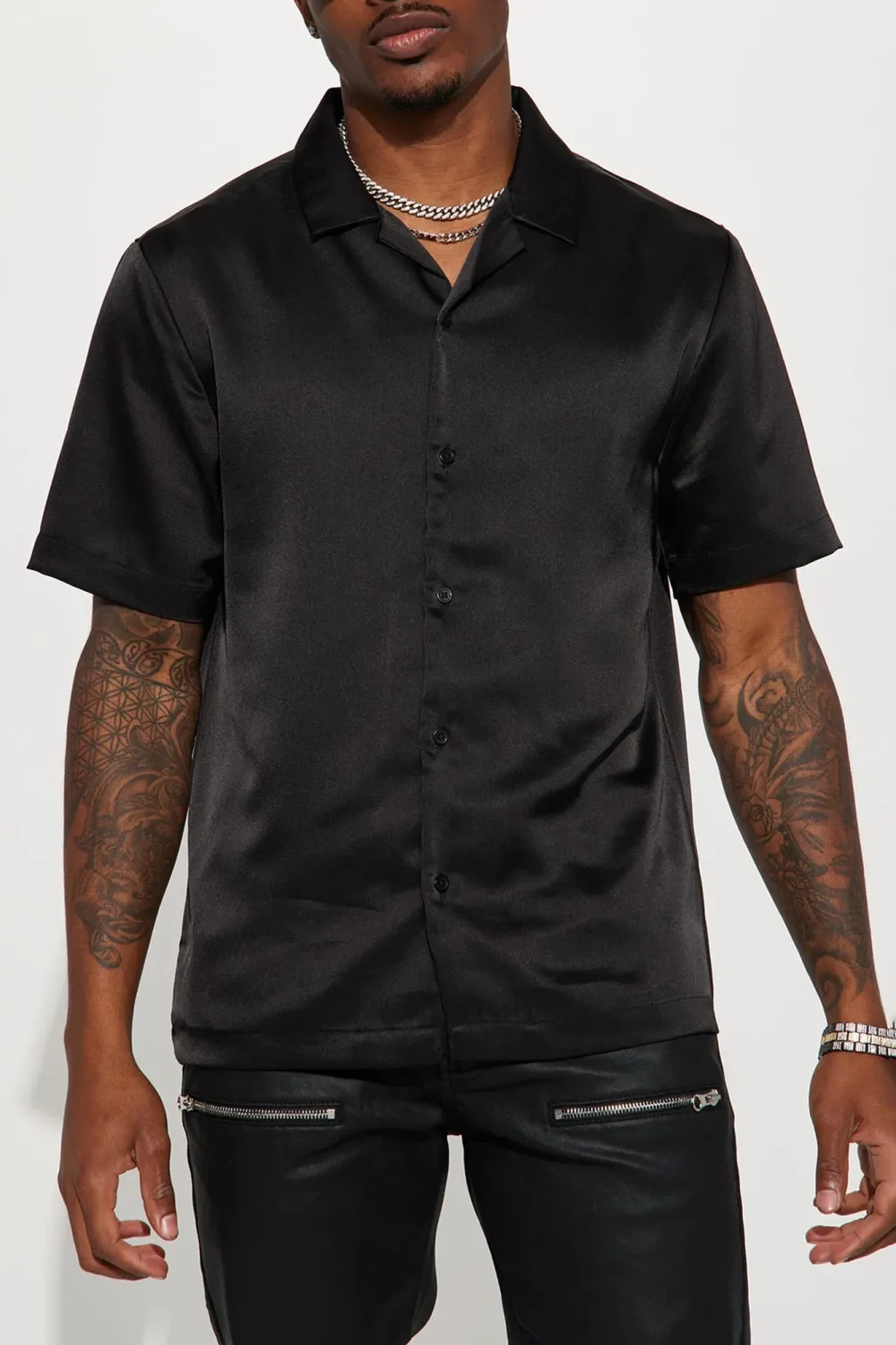 Links Satin Short Sleeve Button Up Shirt - Black