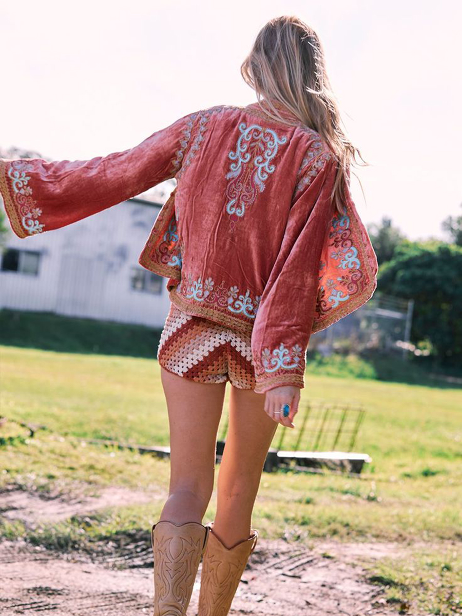 Vintage embroidered long-sleeve velvet cardigan