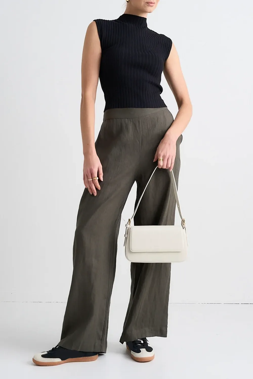 Freedom Dark Olive Linen Flat Front Deep Waistband Wide Leg Pant