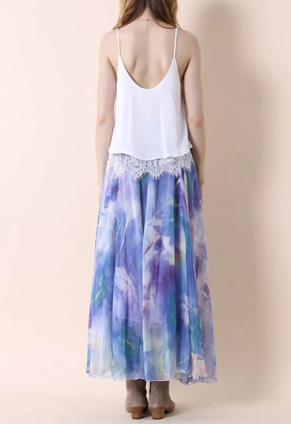 DANCING WATERCOLOR FLORAL MAXI SKIRT IN VIOLET