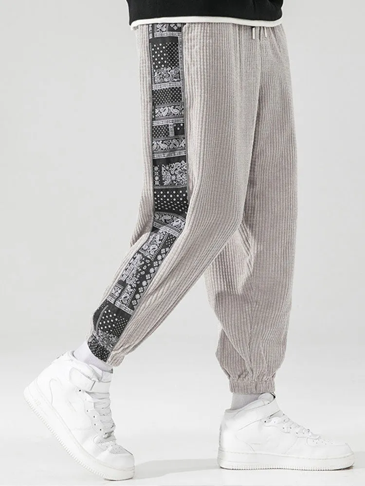 Corduroy Paisley Print Panel Pants