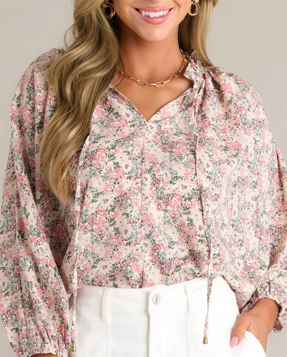 PERFECT HARMONY PINK FLORAL BISHOP SLEEVE TOP