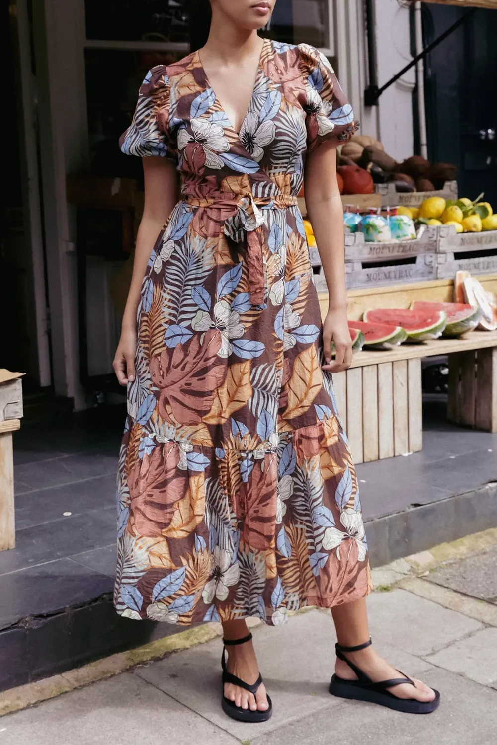 Ocean Tropical Chocolate Print SS Wrap Midi Dress