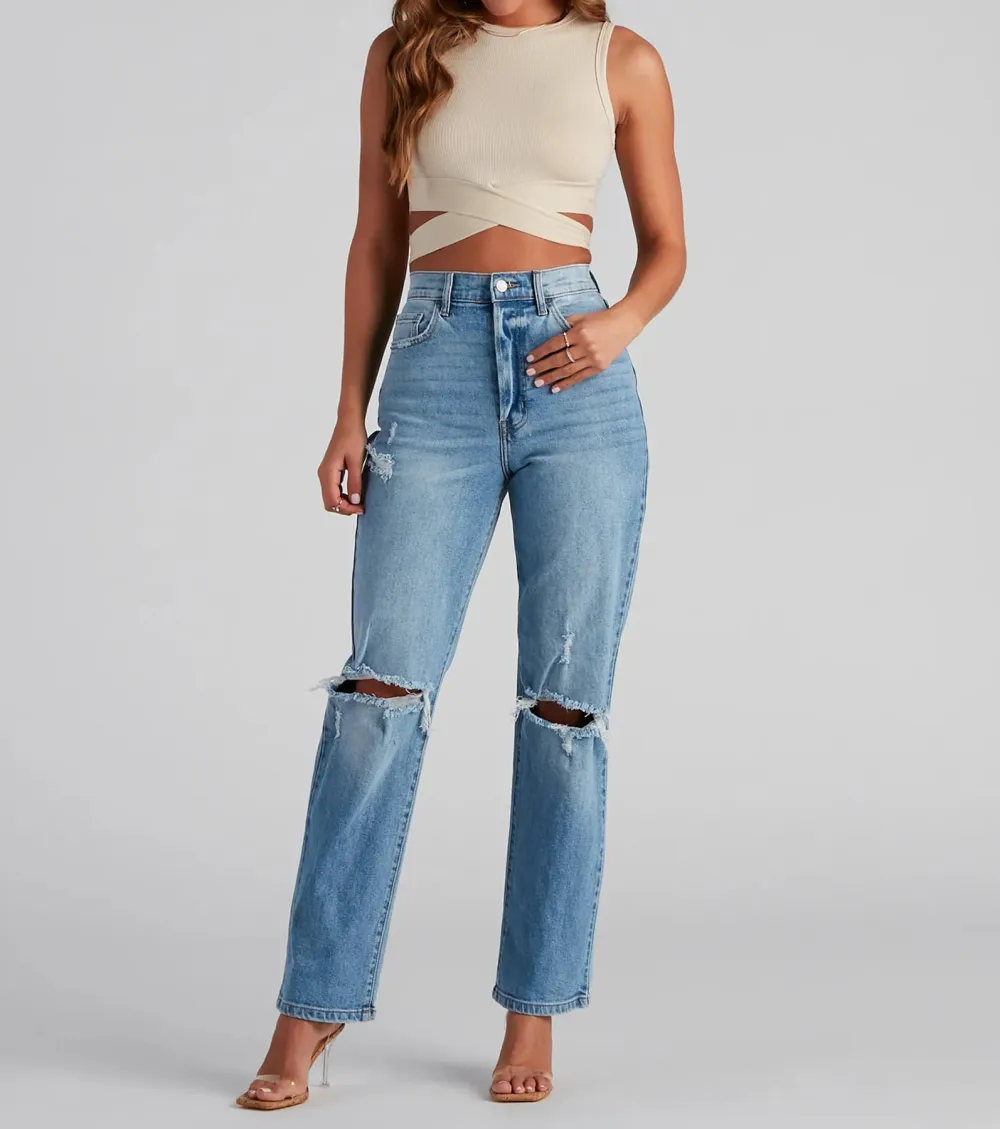 High-Rise Distressed Boyfriend Jeans