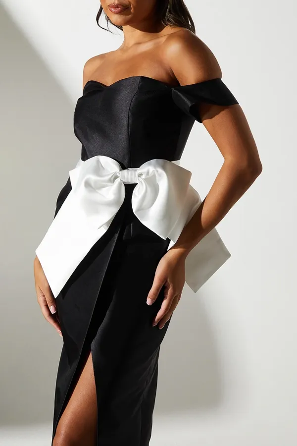 Twill Bardot Bow Waist Column Gown