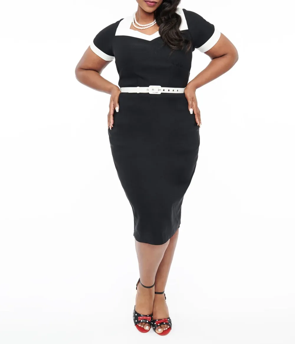 Unique Vintage Plus Size 1950s Black & White Wiggle Dress