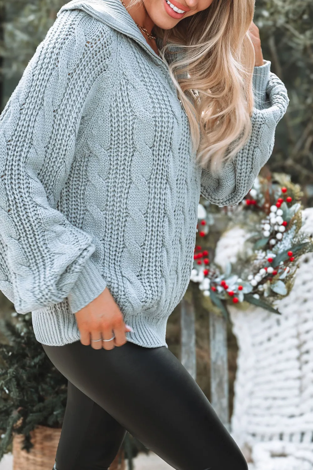 Grey Cable Knit Zip Up Sweater