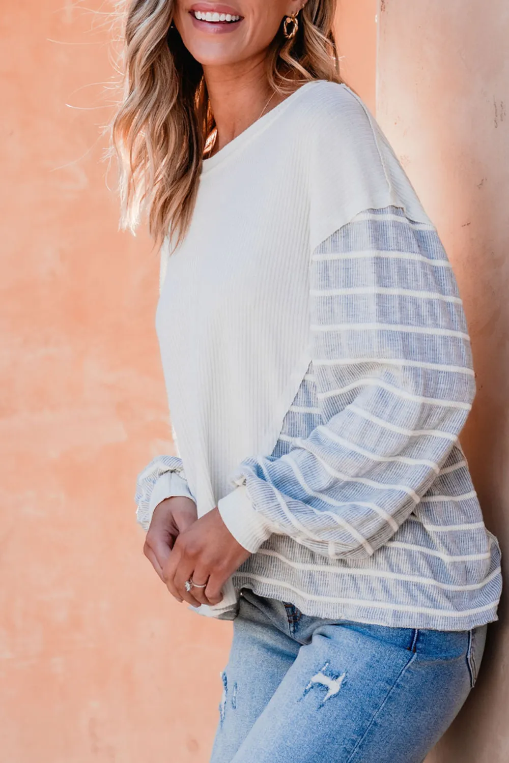 Grey and Cream Contrast Striped Sweater