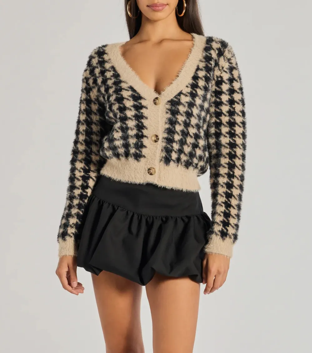 Polished Cozy Houndstooth Eyelash Knit Cardigan