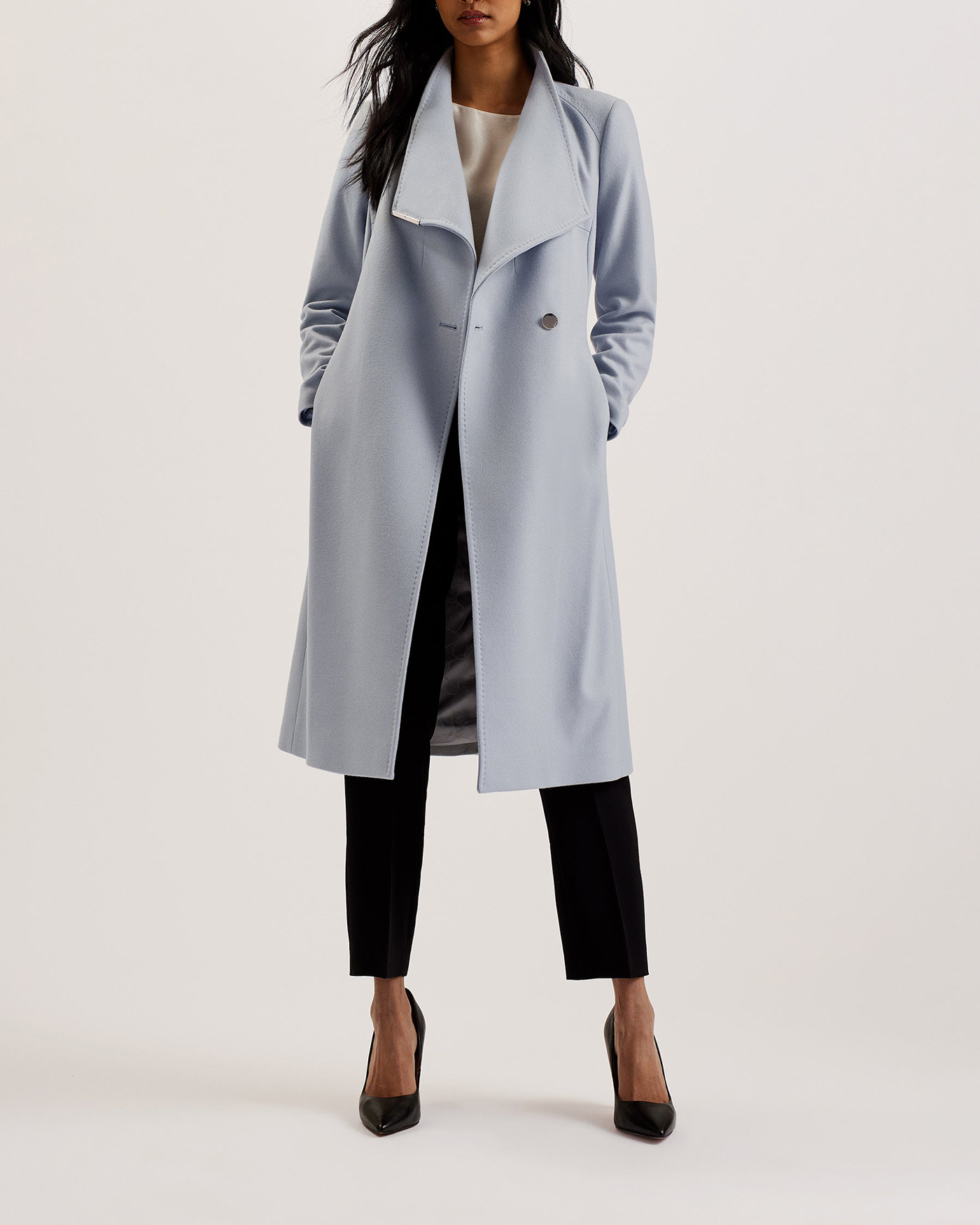 Rose Midi Length Belted Wool Wrap Coat White-Grey